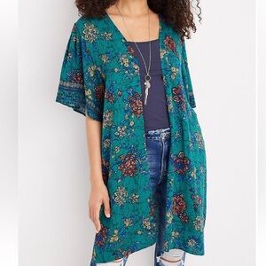 Maurice’s | Teal Mixed Print Flutter Sleeve Open Kimono Duster
